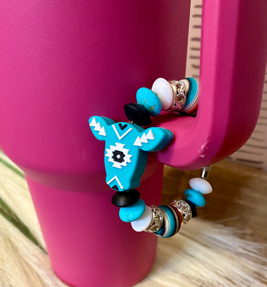 Turq Aztec Cow - Tumbler Cup Charm